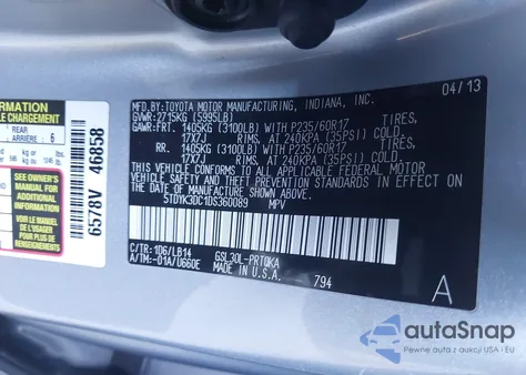 2013 Toyota Sienna Xle V6 8 Passenger from USA, damaged, VIN 5TDYK3DC1DS360089